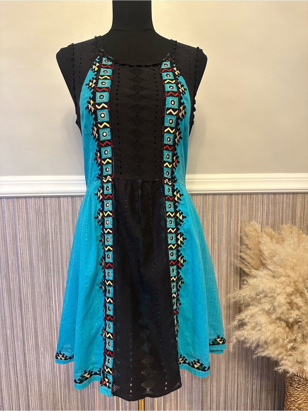 Free People Embroidered Open Back Mini Dress Turquoise Black Boho Size 8